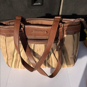 Striped Canvas Shoulder Bag with Brown Leather Trim